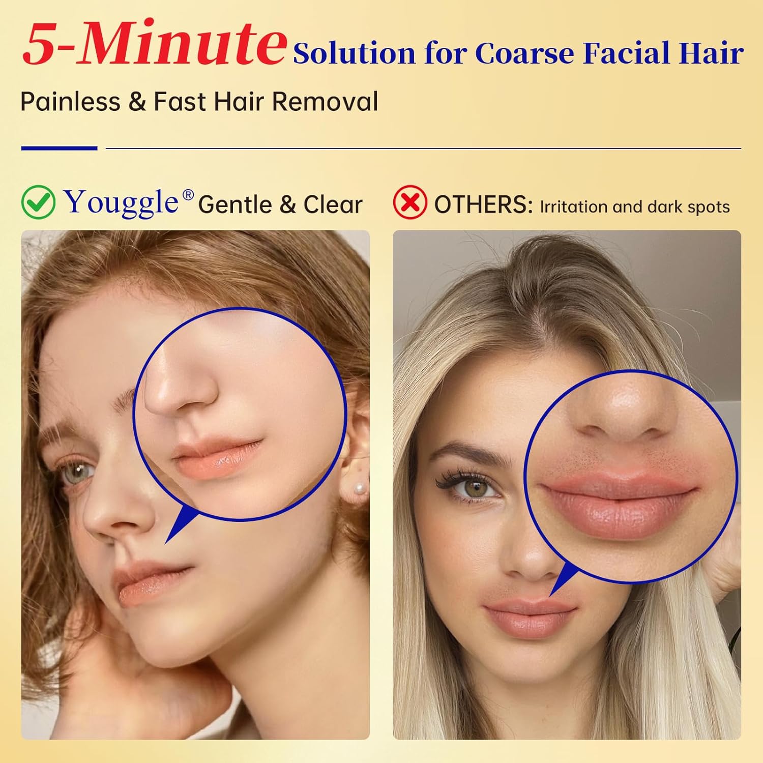 5 Min Facial Hair Removal For Women, Painless & Gentle Sensitive Skin Hair Removal Cream with Soothing Cream for Chin & Upper Lip & Cheeks - 2.03 Fl Oz